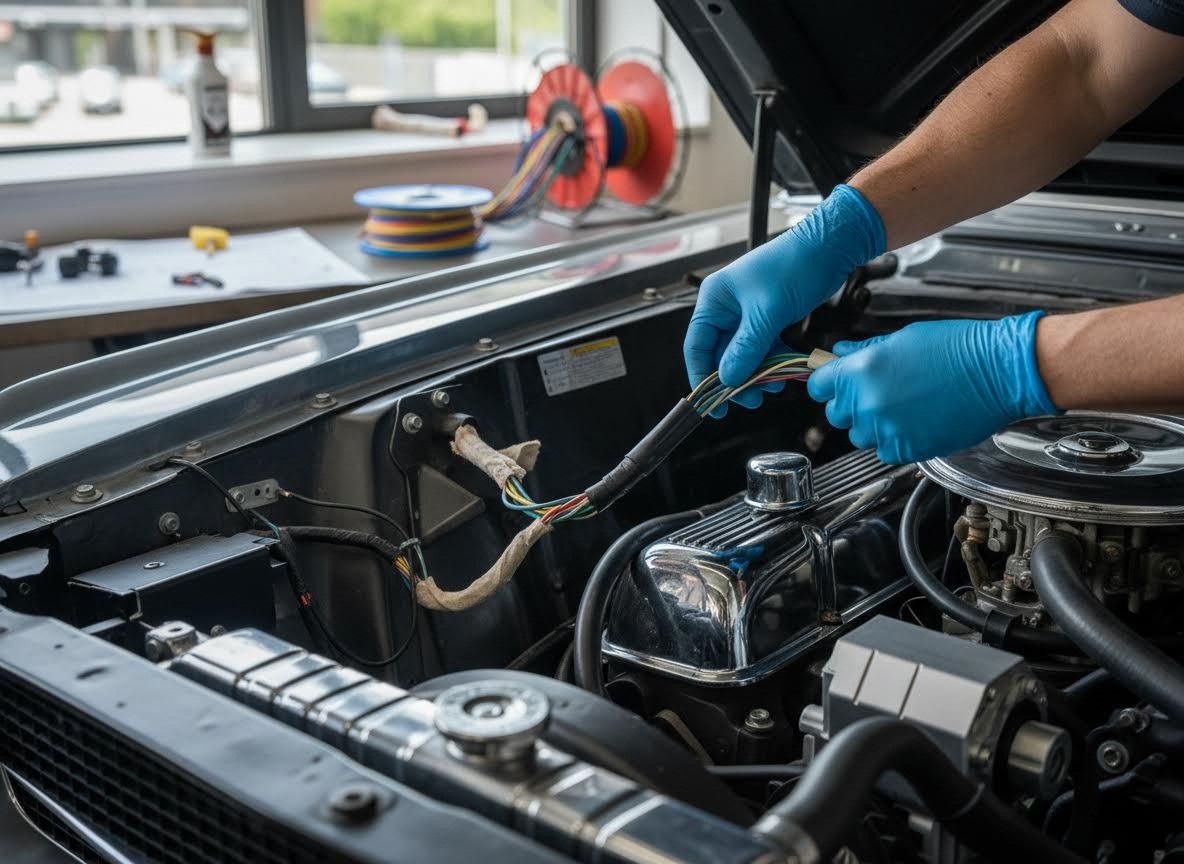 Mechanic working on car engine wiring with blue gloves