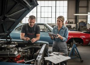 Two mechanics working on classic cars in a garage