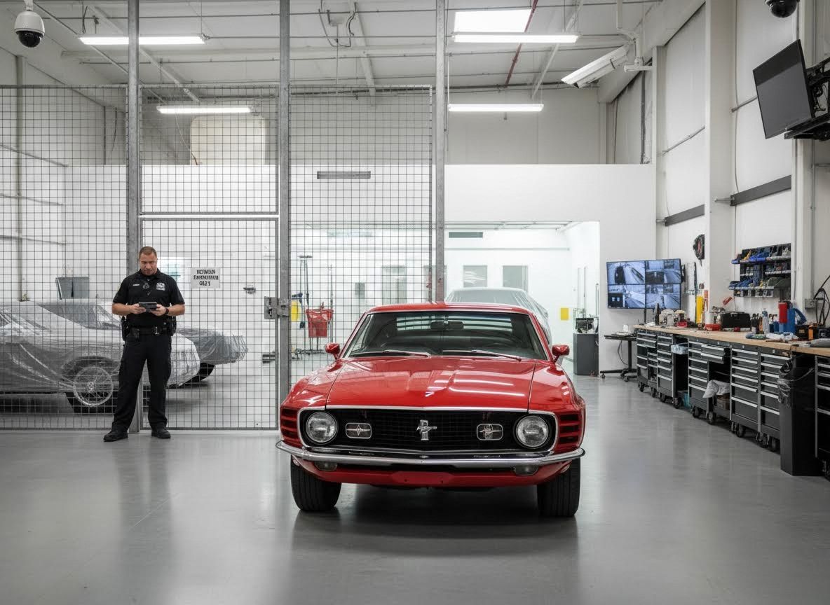 Classic Red Ford Mustang in a Secure Workshop