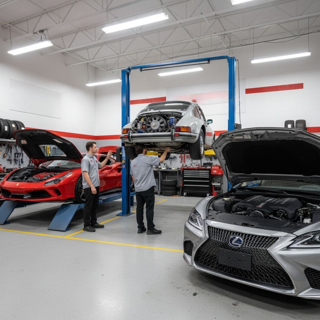 a garage showcasing various foreign cars being serviced