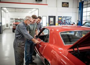 An older mechanic mentors two younger men as they work on the door of a red vintage car in a professional restoration shop. Mechanics working on classic red car