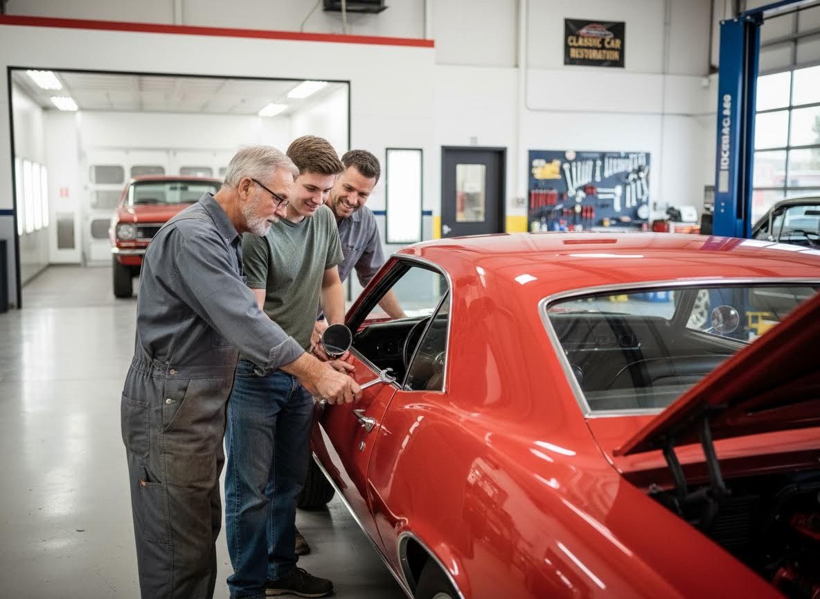 Mechanics working on classic red car