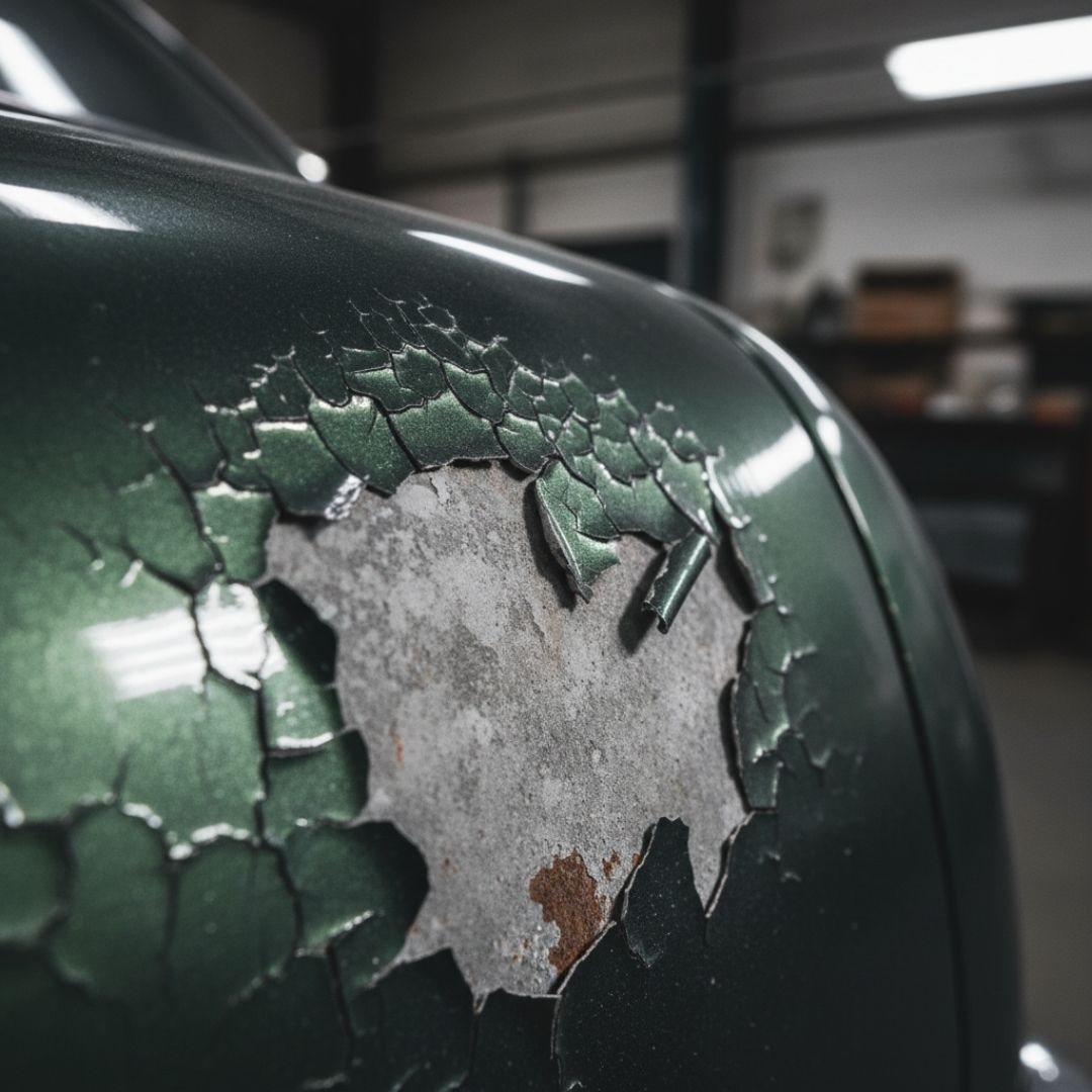 a dark green classic car fender showing large areas of cracked and peeling paint, revealing the primer and some surface rust beneath