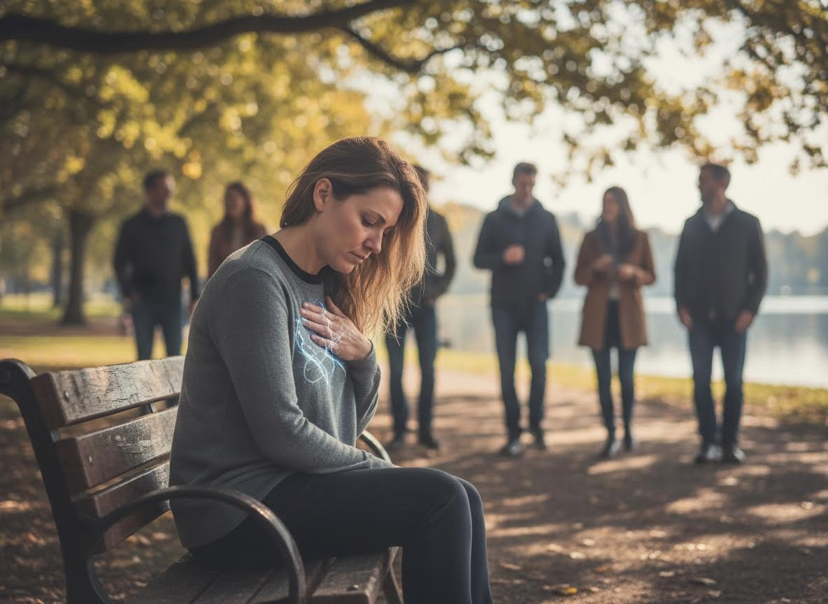 Woman experiencing chest pain in public park