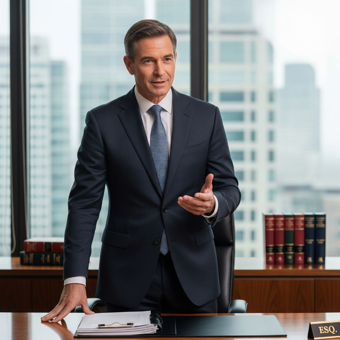 A poised and experienced lawyer speaking confidently in a professional setting.