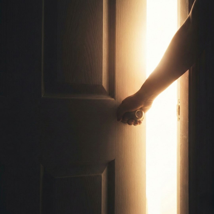A silhouette of a person opening a door to bright, warm light, symbolizing moving forward and legal resolution.