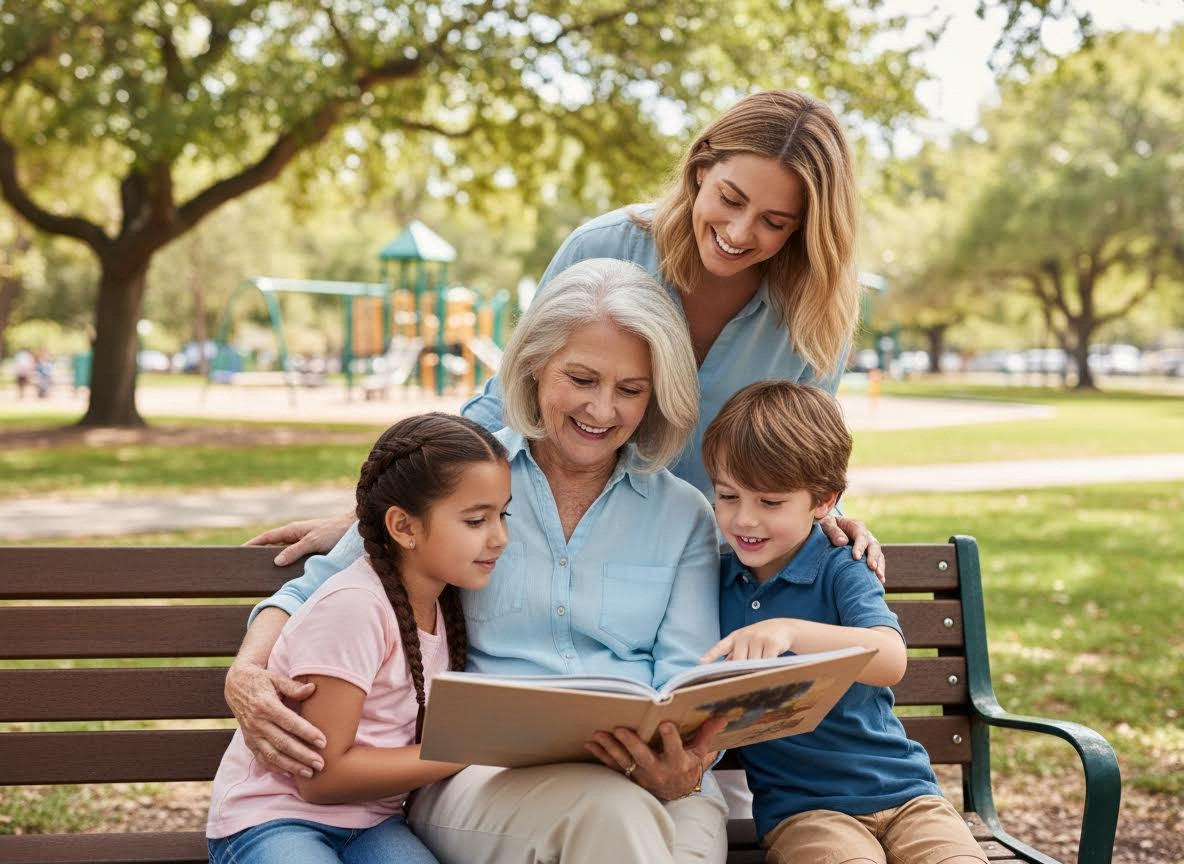 Multi-generational family reading book in park