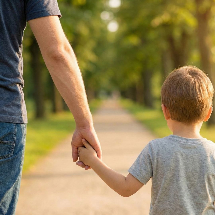 parent holding hands with a small child walking away