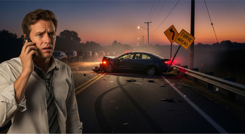 A man stands on the side of the road making a phone call after a car accident.