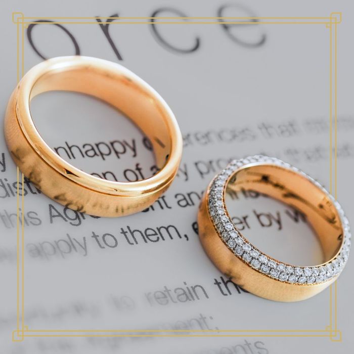 Two wedding bands on a divorce document