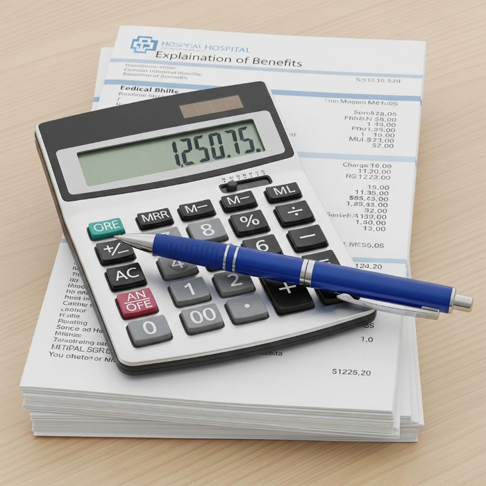 A calculator and a pen are placed neatly on top of a stack of medical bills.