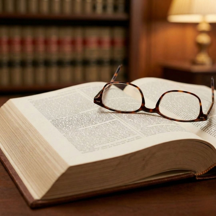Reading glasses resting on an open law book