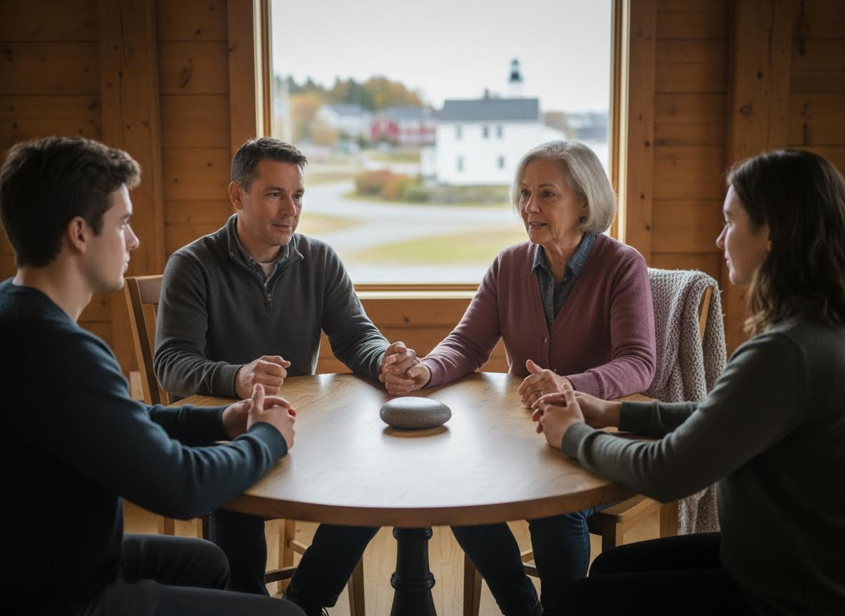 Family gathering around a table with hands held and a stone
