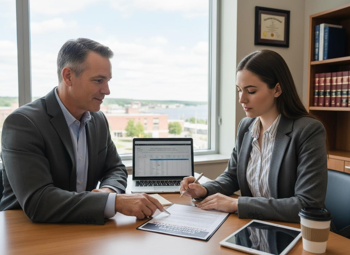 Two professionals reviewing a document in an office
