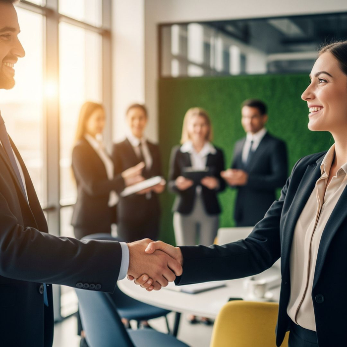 A firm, professional handshake concluding a successful meeting between two people.