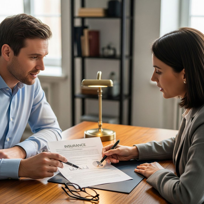 Two people sit at a wooden desk and collaboratively review an insurance policy document.