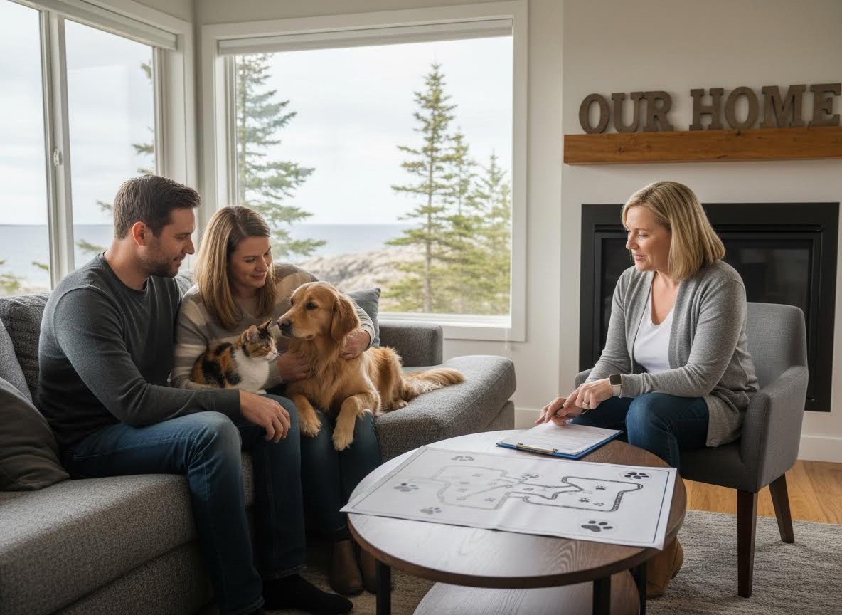 Couple with pets consulting professional at home
