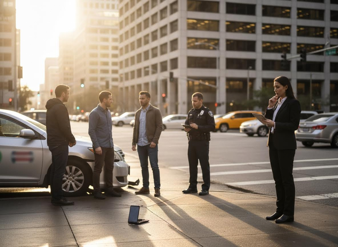 Police officer, business professional, and men at a car accident scene