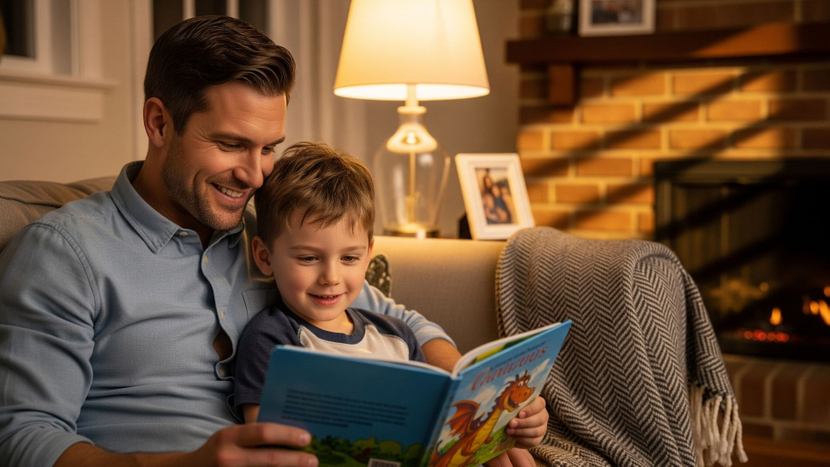 loving father reads a book with his child