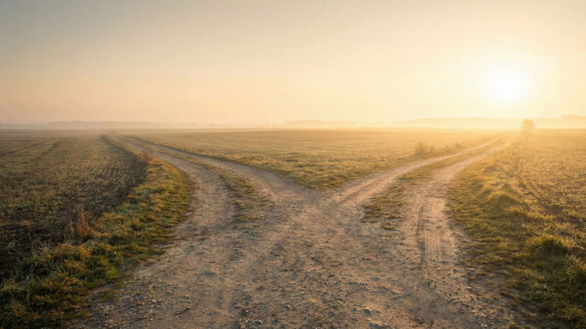 serene, abstract landscape showing a path diverging in two directions