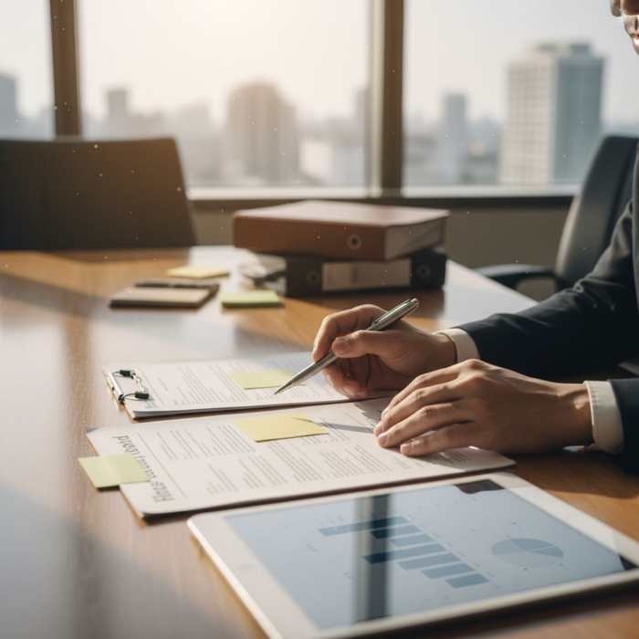 A professional's hands, wearing a dark suit, are pointing with a pen to numerical data or charts on a legal document or tablet, laid out on a polished wooden desk, suggesting meticulous review and the complex calculation of fault and damages.