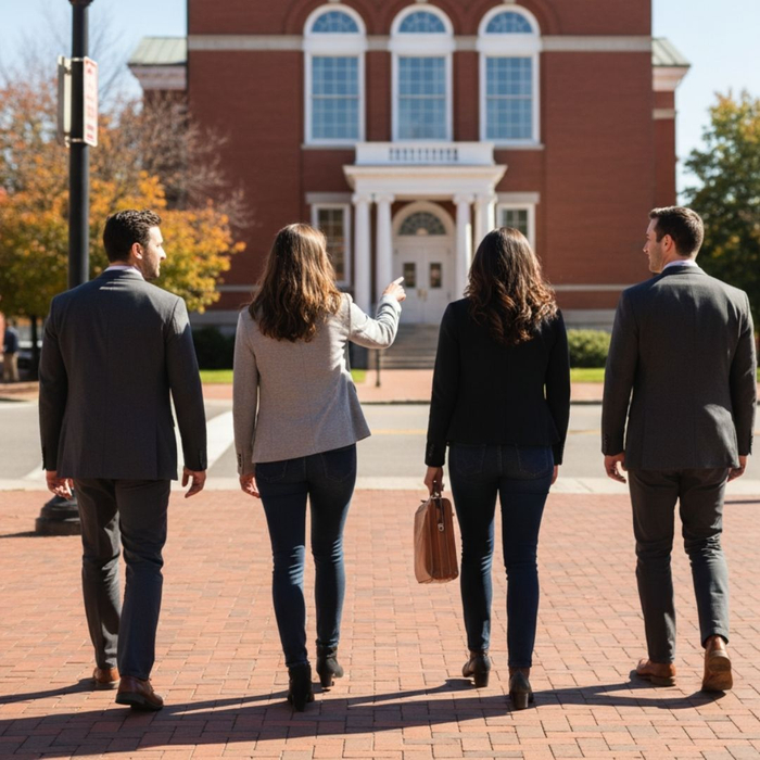 A professional, street-level exterior photograph of an established brick office building in a downtown area under bright sunlight, conveying a strong local presence and commitment to the community.