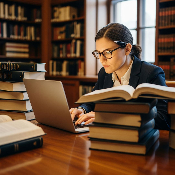 A person focused on legal research using a laptop in a library.