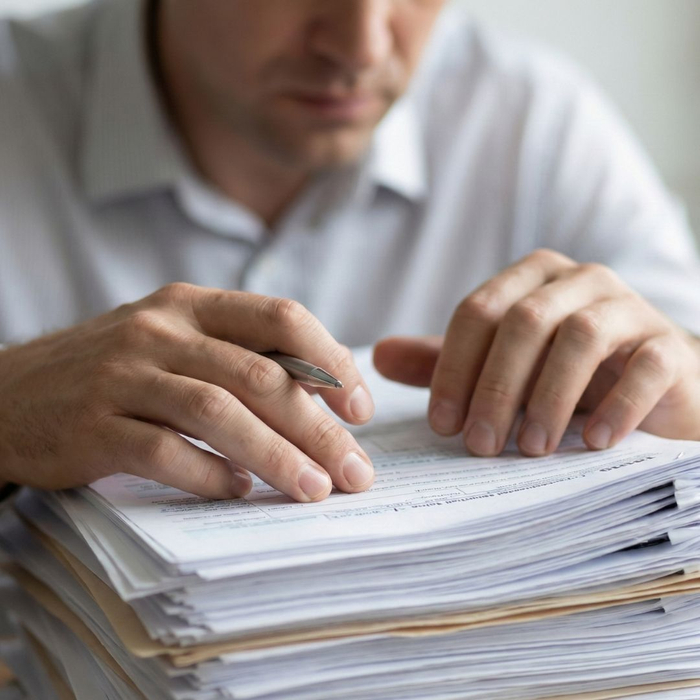 person looking overwhelmed by a stack of complex legal paperwork