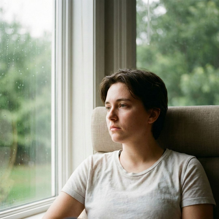 thoughtful individual looking out a window with soft natural light