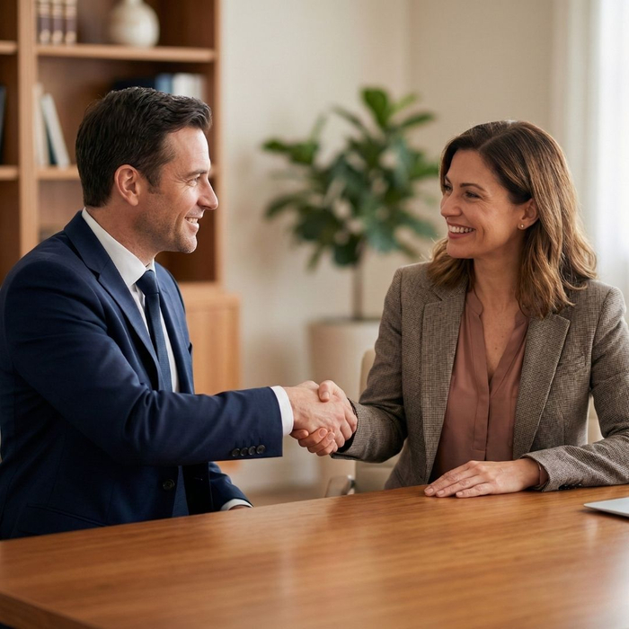 A lawyer and client shaking hands during a successful legal consultation.