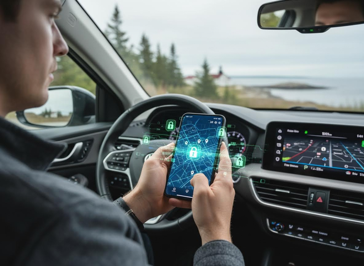 Man Using Smartphone for Car Security and Tracking