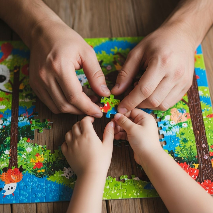  hands of a father and child work together on a puzzle