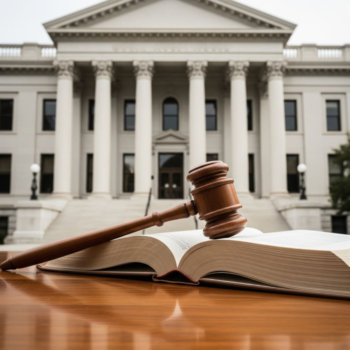 A law book and gavel sit on a surface with a classic courthouse building in the background.