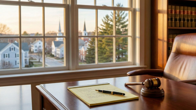 professional lawyer's desk with a gavel and legal pad