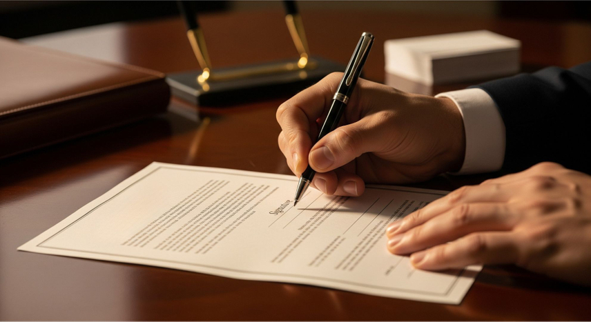 A person's hands signing a formal legal document on a wooden desk.
