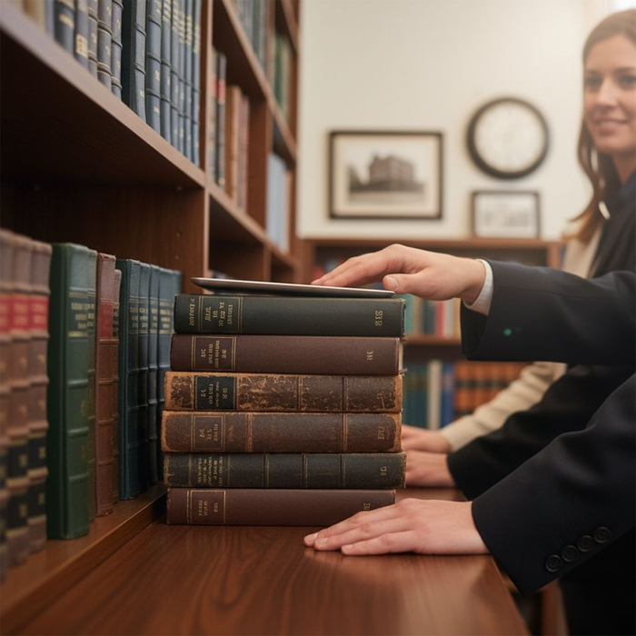 A close-up shot highlighting a blend of tradition and modernity: a hand rests on a stack of well-worn, leather-bound law books while a modern tablet rests on top, symbolizing decades of trusted experience combined with current legal expertise.
