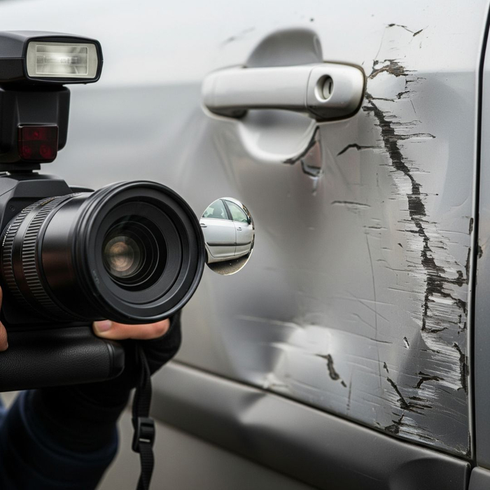 A close-up shot of a camera taking a picture of a large dent in a silver car door.