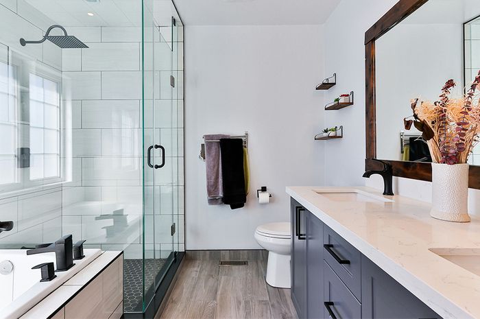 bright modern bathroom, all-glass shower, black cabinet