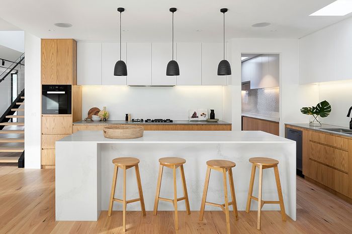 boxy modern kitchen, natural wood and white