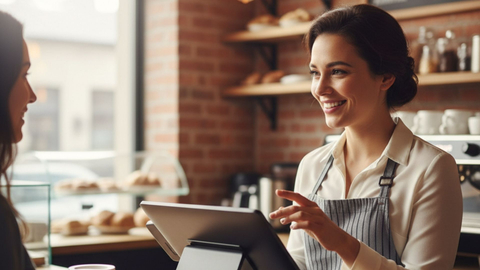 A small business owner in an apron smiles while assisting a customer at a cafe counter using a modern POS tablet.