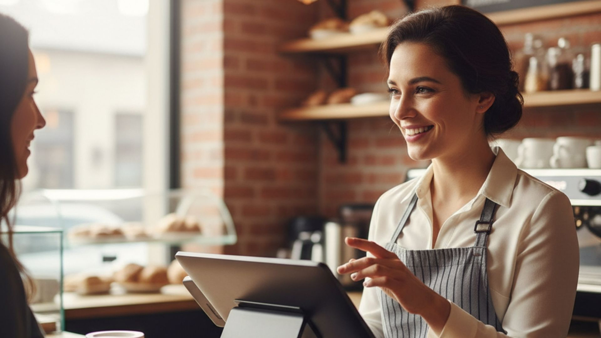 A small business owner in an apron smiles while assisting a customer at a cafe counter using a modern POS tablet.