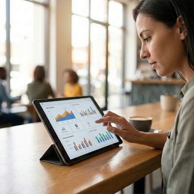 A person at a cafe table using a tablet to review colorful sales graphs and inventory data.