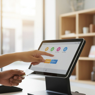 A person's hands delicately interact with a sleek point-of-sale screen, one tapping the display while the other holds a credit card.