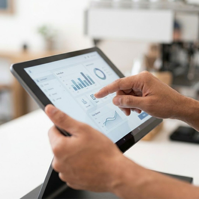 A detailed close-up of a hand tapping an icon on a tablet screen, showing an easy user interface.