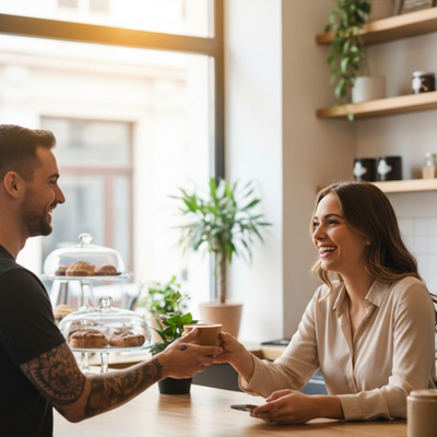 A smiling barista hands a disposable coffee cup to a happy female customer leaning on the counter.