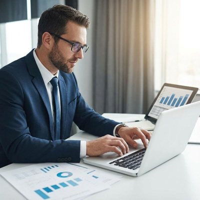 A business professional reviewing real-time financial data on a laptop screen.