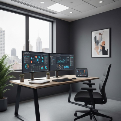 Modern small business office with integrated tech devices