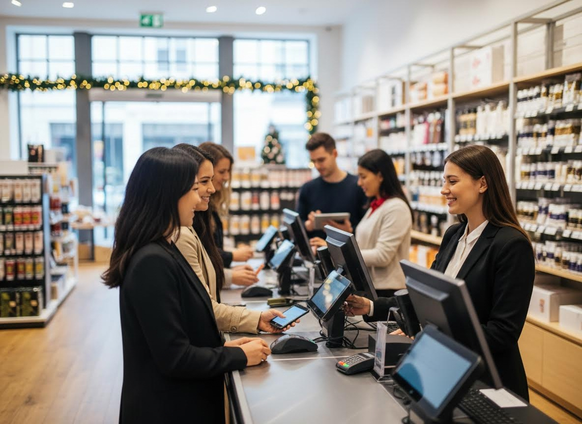 Customer making contactless payment at store checkout during holidays