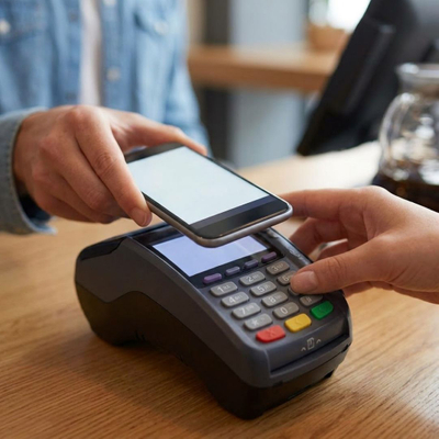 A detailed close-up showing a customer making a contactless payment using their smartphone.