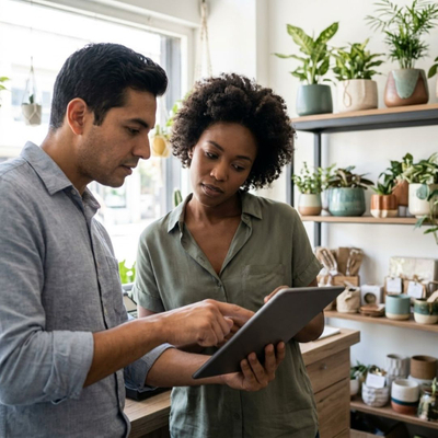Diverse business partners review tablet in bright retail space.